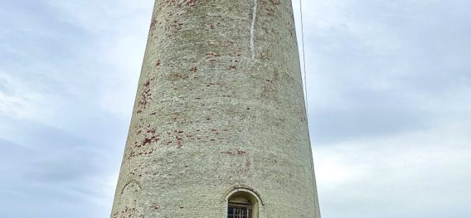 Photo is taken looking up Leasowe Lighthouse.